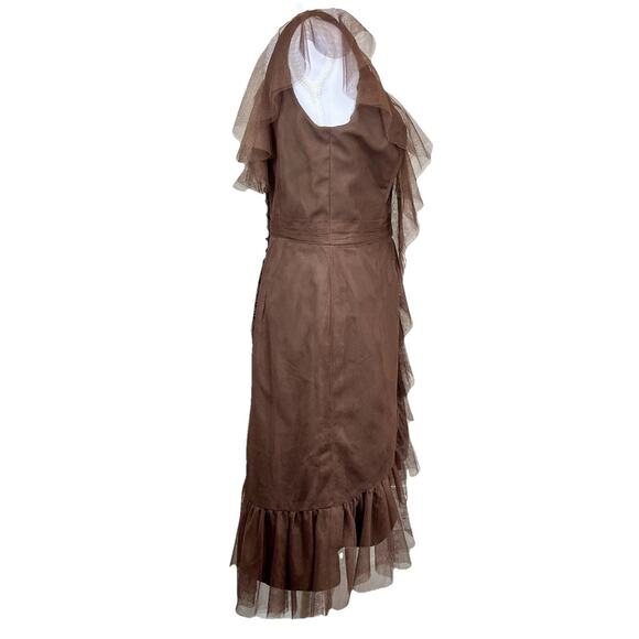 Vintage Y2K Alfred Angelo Tulle Dress Size 4/6 Brown Midi Fairy Pin-Up Ruffle - Picture 3 of 16